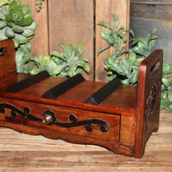 Pier One Imports Wooden Carved Counter Top Wine Rack with Drawer Storage - Picture 5 of 8
